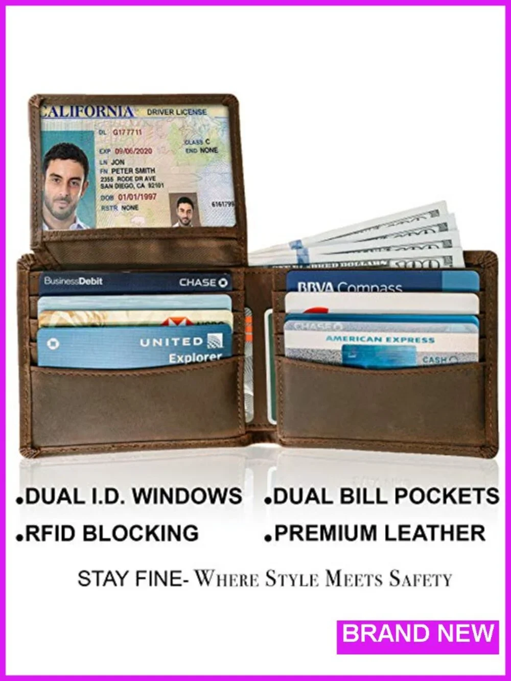 Top Grain Leather Bifold Wallet RFID Blocking Extra Capacity 8 Card Slots